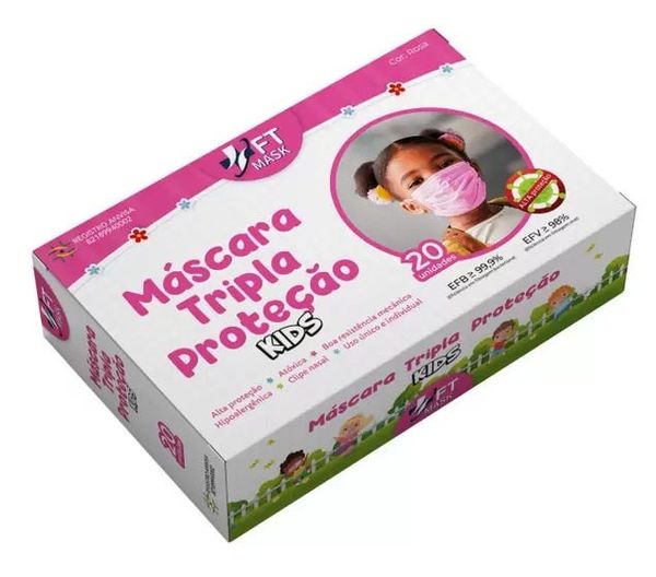 Máscara Descartável FT Mask Kids Rosa Caixa 20 Unidades