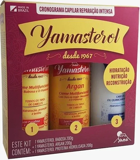 Kit Yamasterol Cronograma Capilar Reparação Intensa Babosa/Argan/Proteína Hidrolisa 200ml Cada