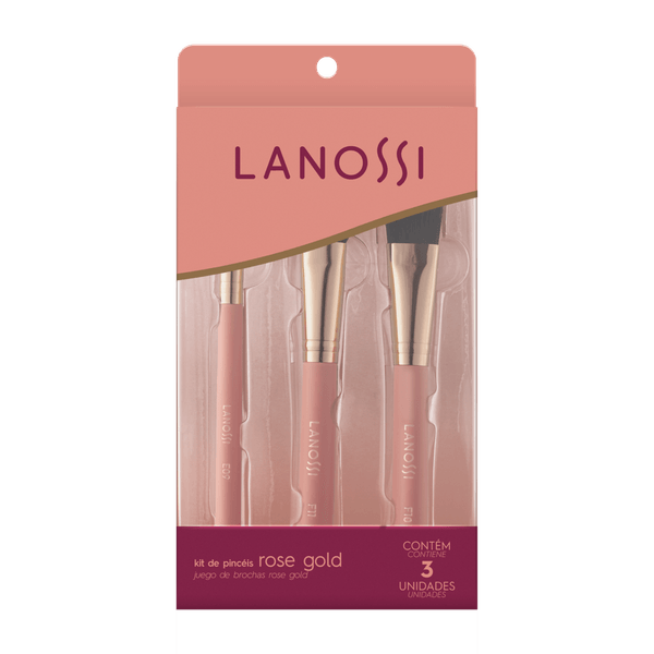 Kit Pincéis Maquiagem Lanossi Rose Gold com 3 Unidades